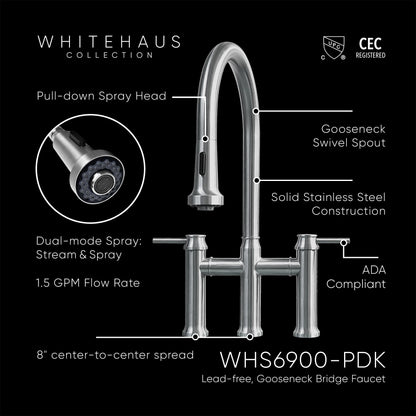 Waterhaus Lead-Free Solid Stainless Steel Bridge Faucet with a Gooseneck Swivel Spout, Pull Down Spray Head and Solid Lever Handles