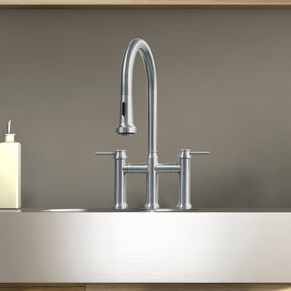 Waterhaus Lead-Free Solid Stainless Steel Bridge Faucet with a Gooseneck Swivel Spout, Pull Down Spray Head and Solid Lever Handles