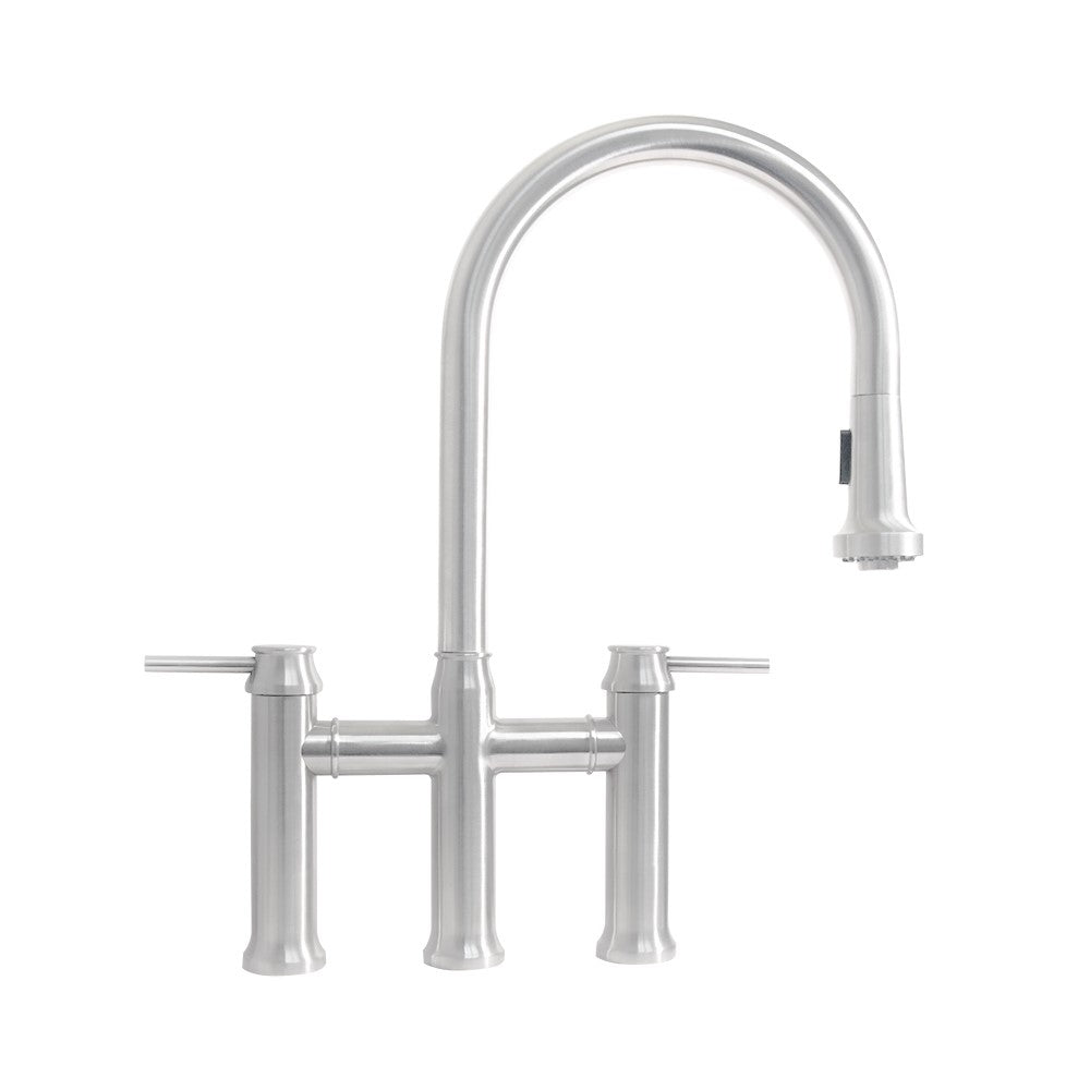 Waterhaus Lead-Free Solid Stainless Steel Bridge Faucet with a Gooseneck Swivel Spout, Pull Down Spray Head and Solid Lever Handles