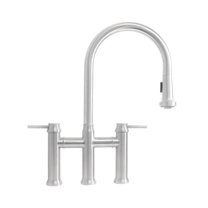 Waterhaus Lead-Free Solid Stainless Steel Bridge Faucet with a Gooseneck Swivel Spout, Pull Down Spray Head and Solid Lever Handles