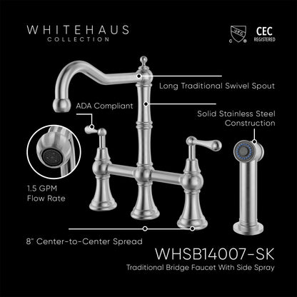 Waterhaus Lead-Free Solid Stainless Steel Bridge Faucet with a Traditional Spout, Lever Handles and Side Spray