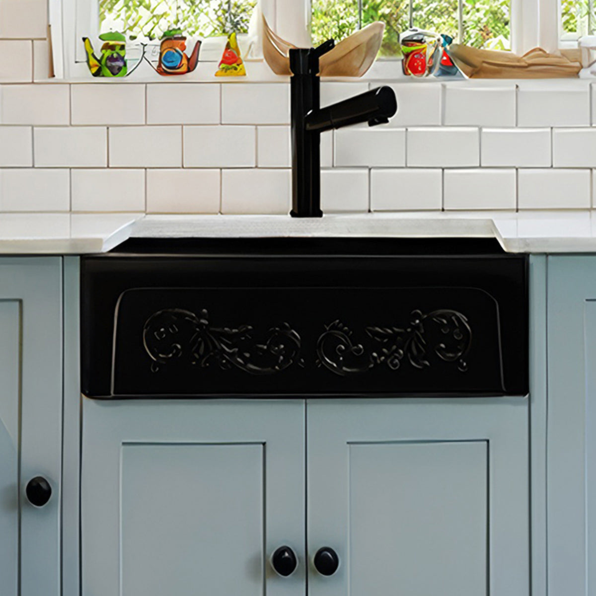 Glencove St. Ives 33" Front Apron Fireclay Sink with an Intricate Vine Design on one side and an Elegant Plain Beveled Front Apron on the Opposite Side