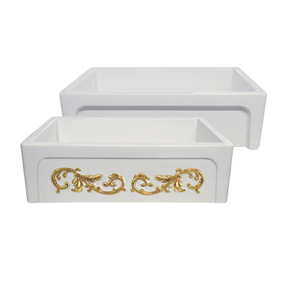 St. Ives Ornamental 33" Reversible Fireclay Kitchen Sink with  Intricate Embossed Vine Design Front Apron on one side and an Elegant Beveled Front Apron on the Opposite Side