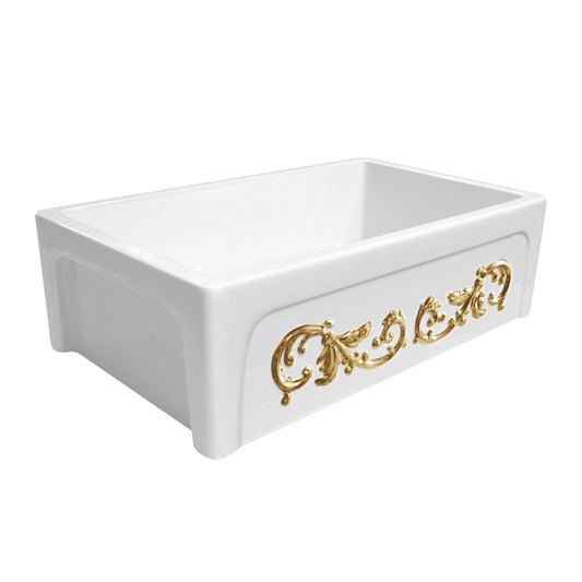 St. Ives Ornamental 33" Reversible Fireclay Kitchen Sink with  Intricate Embossed Vine Design Front Apron on one side and an Elegant Beveled Front Apron on the Opposite Side