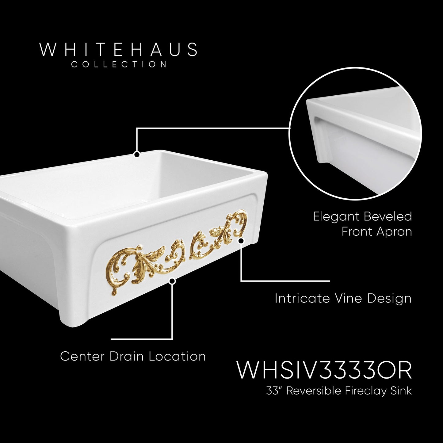 St. Ives Ornamental 33" Reversible Fireclay Kitchen Sink with  Intricate Embossed Vine Design Front Apron on one side and an Elegant Beveled Front Apron on the Opposite Side