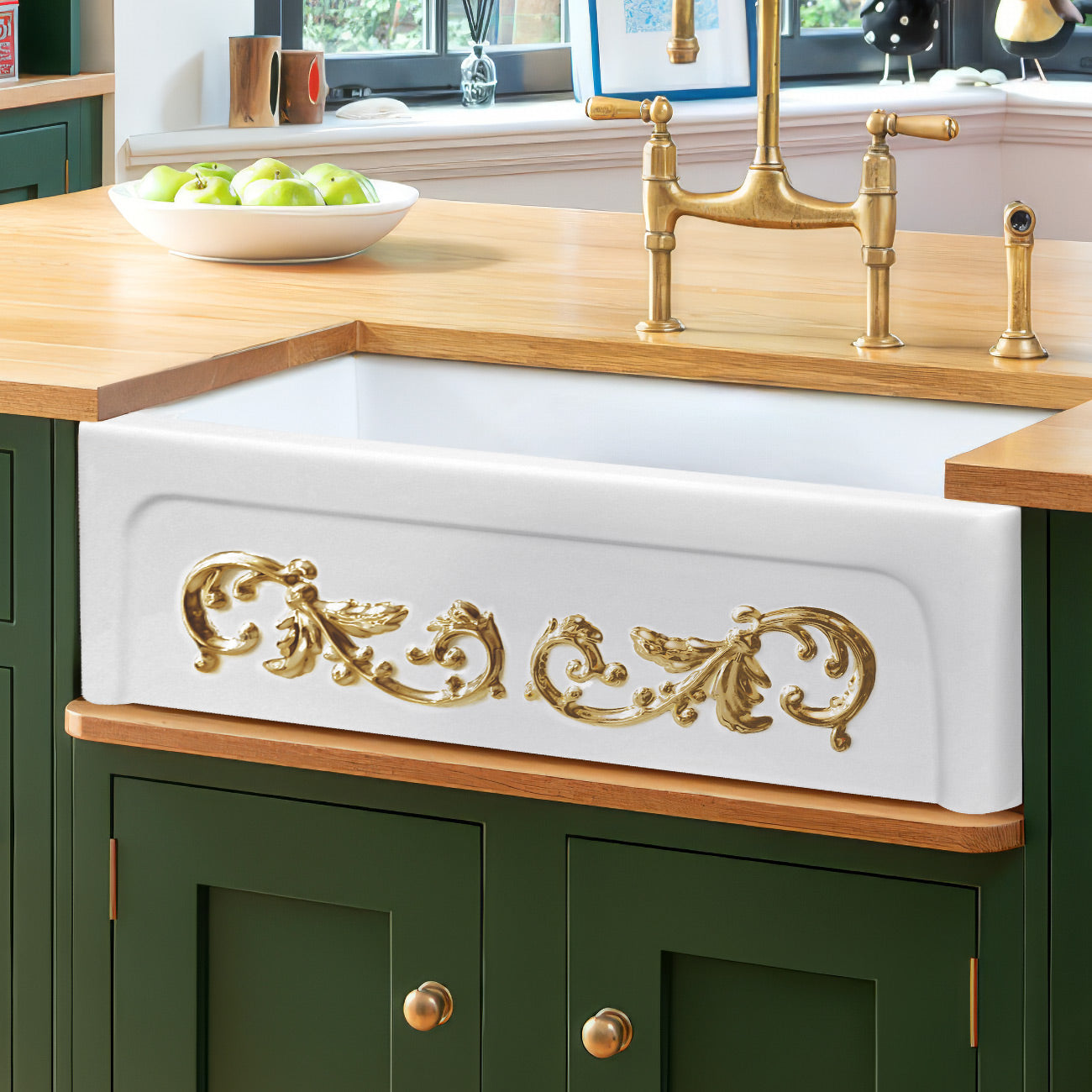 St. Ives Ornamental 33" Reversible Fireclay Kitchen Sink with  Intricate Embossed Vine Design Front Apron on one side and an Elegant Beveled Front Apron on the Opposite Side