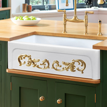 St. Ives Ornamental 33" Reversible Fireclay Kitchen Sink with  Intricate Embossed Vine Design Front Apron on one side and an Elegant Beveled Front Apron on the Opposite Side