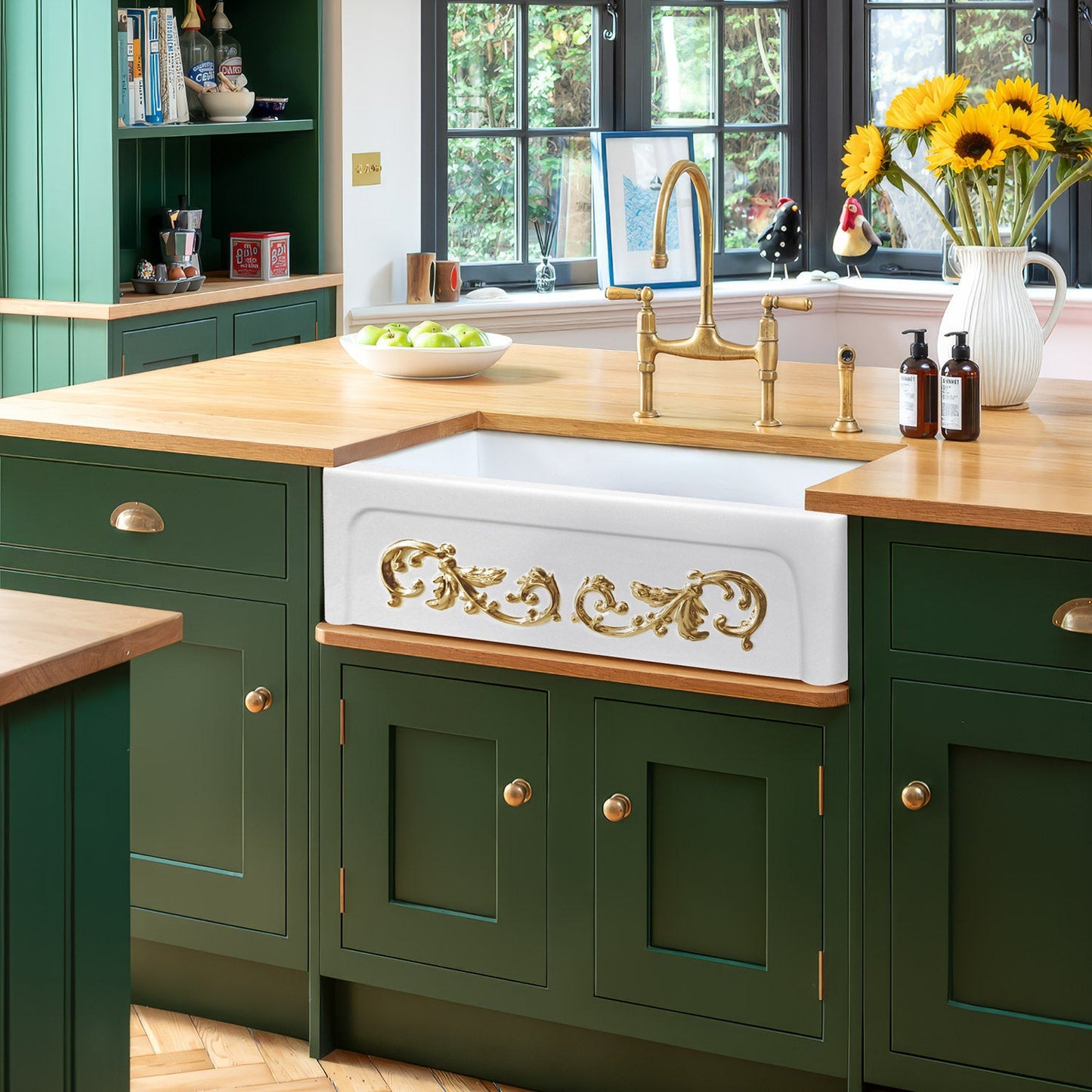 St. Ives Ornamental 33" Reversible Fireclay Kitchen Sink with  Intricate Embossed Vine Design Front Apron on one side and an Elegant Beveled Front Apron on the Opposite Side