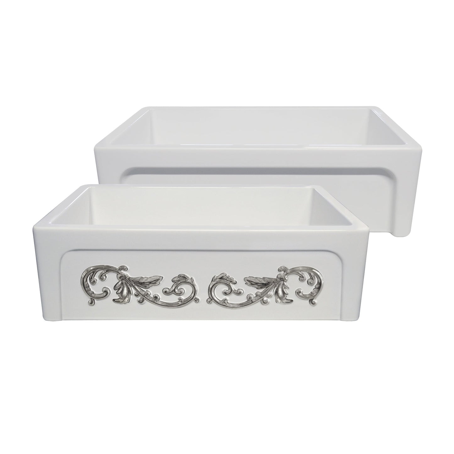 St. Ives Ornamental 33" Reversible Fireclay Kitchen Sink with  Intricate Embossed Vine Design Front Apron on one side and an Elegant Beveled Front Apron on the Opposite Side