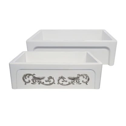 St. Ives Ornamental 33" Reversible Fireclay Kitchen Sink with  Intricate Embossed Vine Design Front Apron on one side and an Elegant Beveled Front Apron on the Opposite Side