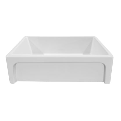 St. Ives Ornamental 33" Reversible Fireclay Kitchen Sink with  Intricate Embossed Vine Design Front Apron on one side and an Elegant Beveled Front Apron on the Opposite Side
