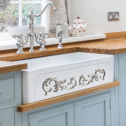 St. Ives Ornamental 33" Reversible Fireclay Kitchen Sink with  Intricate Embossed Vine Design Front Apron on one side and an Elegant Beveled Front Apron on the Opposite Side