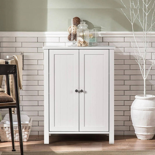 Bathroom Storage Cabinet with Adjustable Shelves in White Wood Finish