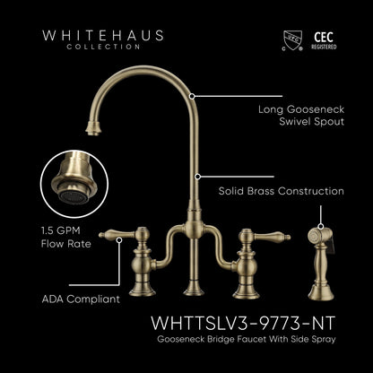 Twisthaus Plus Bridge Faucet with Gooseneck Swivel Spout, Lever Handles and Solid Brass Side Spray