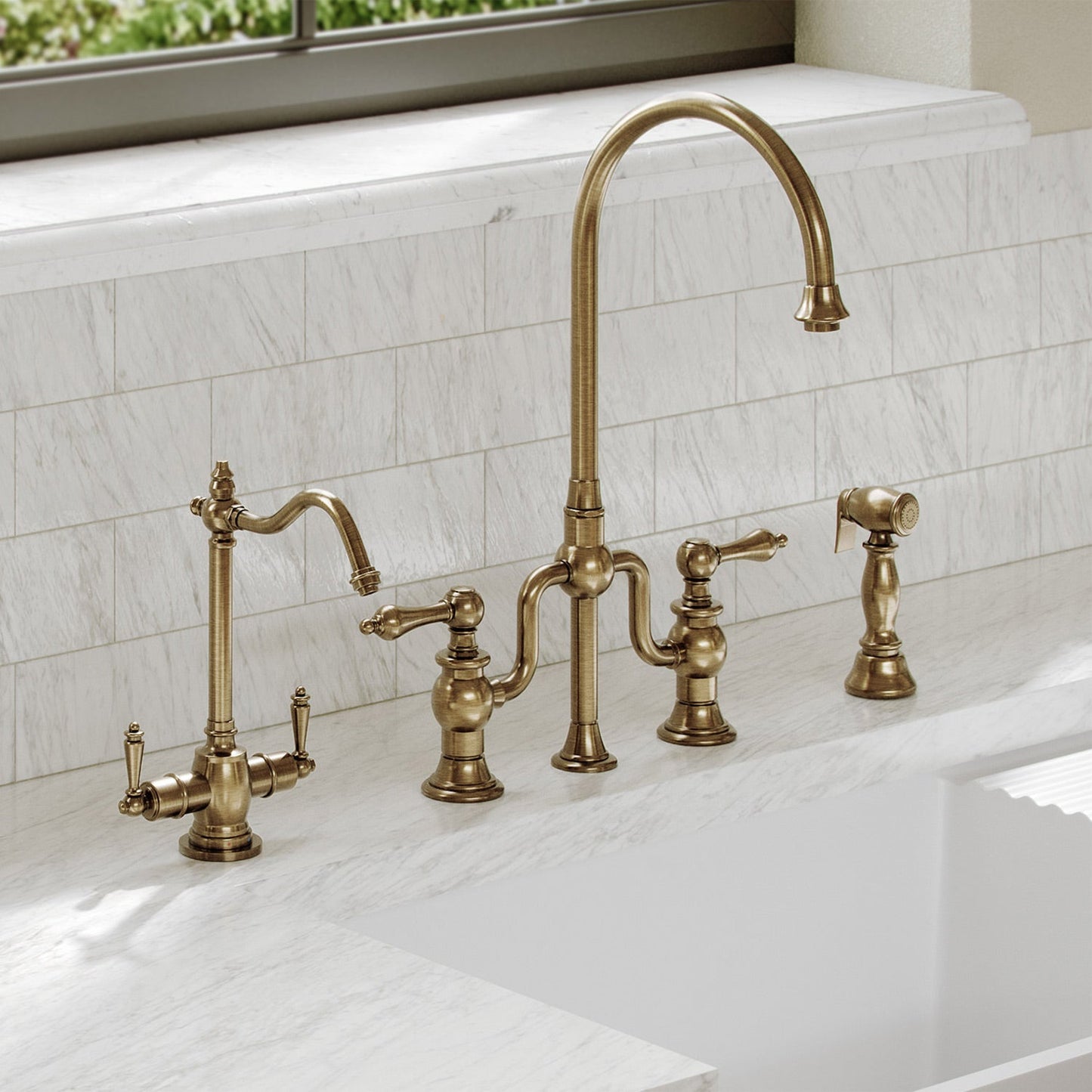Twisthaus Plus Bridge Faucet with Gooseneck Swivel Spout, Lever Handles and Solid Brass Side Spray