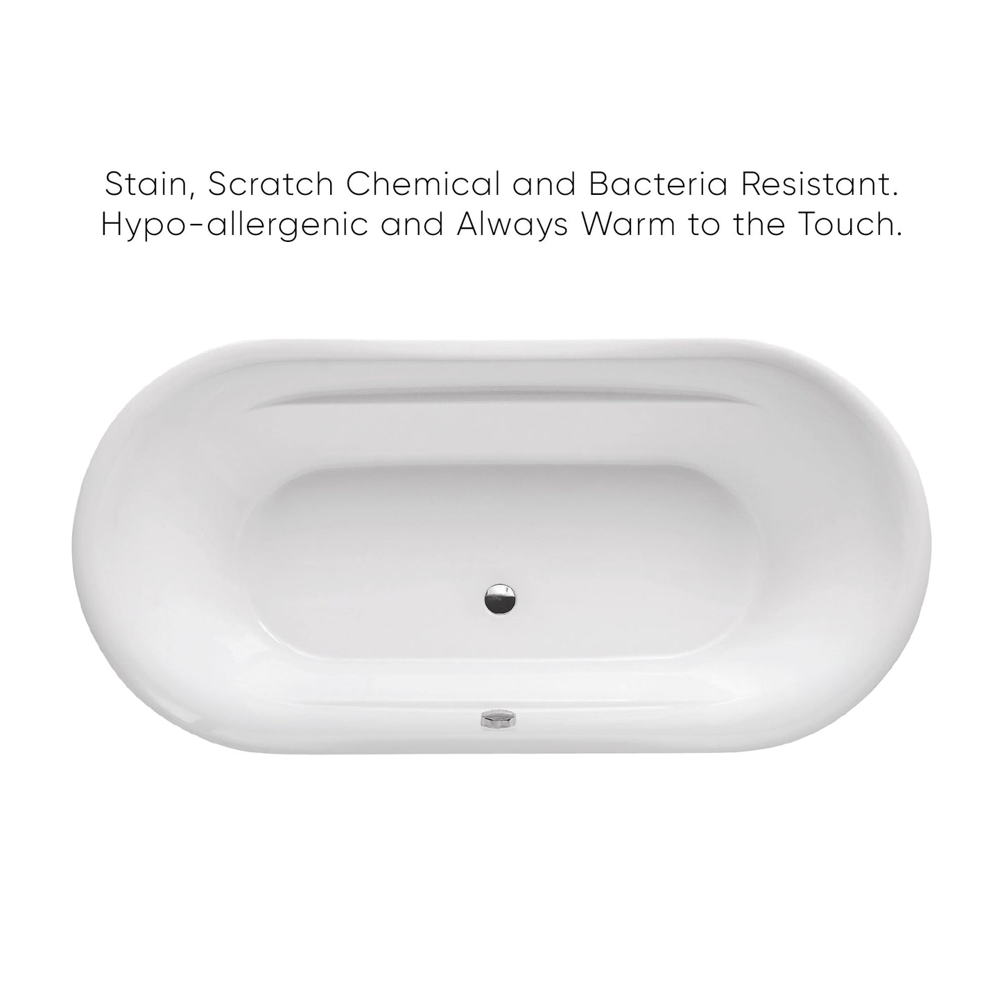 Bathhaus Oval Double Ended Lucite Acrylic Freestanding Bathtub with Curved Rim and a chrome mechanical pop-up waste and chrome center drain with internal overflow