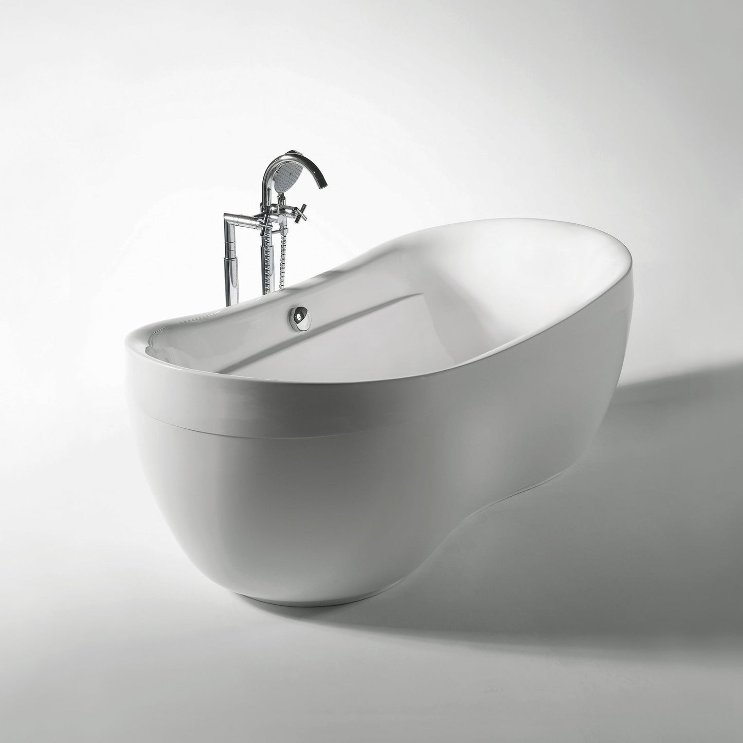 Bathhaus Oval Double Ended Lucite Acrylic Freestanding Bathtub with Curved Rim and a chrome mechanical pop-up waste and chrome center drain with internal overflow