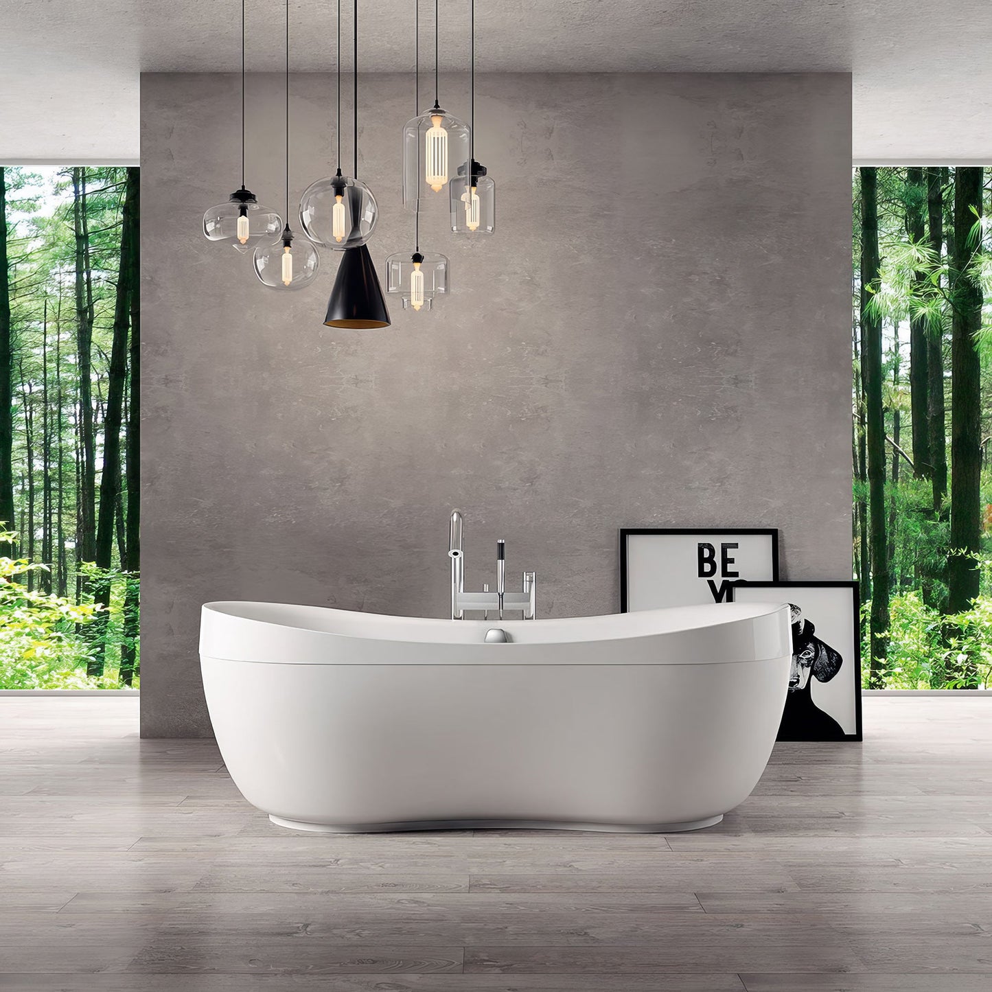Bathhaus Oval Double Ended Lucite Acrylic Freestanding Bathtub with Curved Rim and a chrome mechanical pop-up waste and chrome center drain with internal overflow
