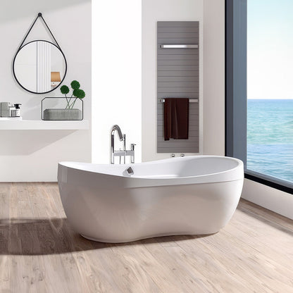Bathhaus Oval Double Ended Lucite Acrylic Freestanding Bathtub with Curved Rim and a chrome mechanical pop-up waste and chrome center drain with internal overflow