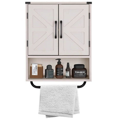 White Farmhouse Bathroom Wall Cabinet with Storage Shelf and Towel Bar