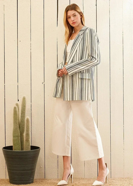 Blue White Stripe Blazer | Double Breasted Tweed Jacket - Femstylo