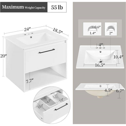 Modern Wall Mounted Bathroom Vanity in White Wood Finish with Ceramic Sink