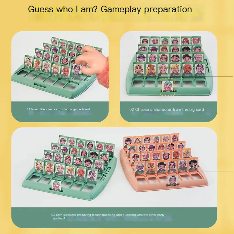 Gameplay preparation for a character selection game with cards on a yellow background
