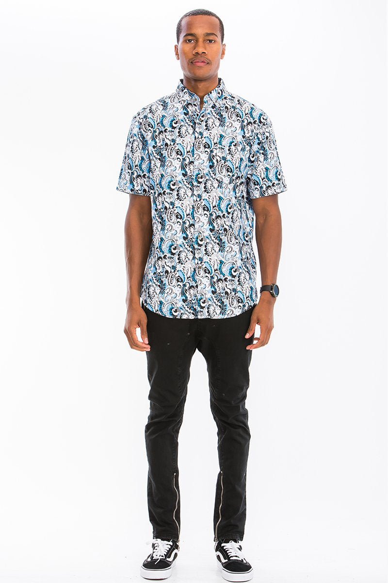 WHITE AND BLUE HAWAIIAN BUTTON DOWN SHIRT | Apparel | Kitchen + Metal