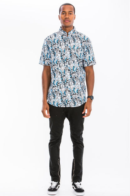WHITE AND BLUE HAWAIIAN BUTTON DOWN SHIRT | Apparel | Kitchen + Metal
