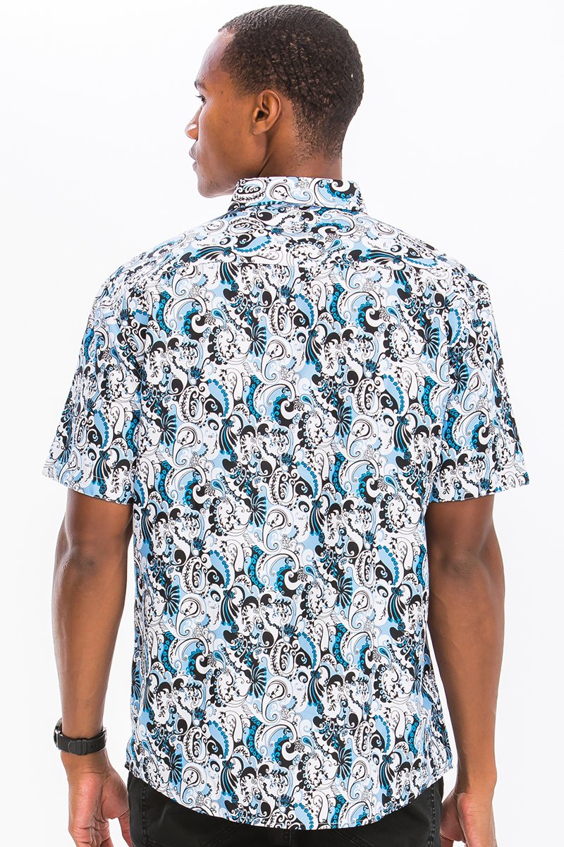 WHITE AND BLUE HAWAIIAN BUTTON DOWN SHIRT | Apparel | Kitchen + Metal