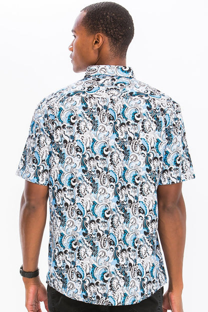 WHITE AND BLUE HAWAIIAN BUTTON DOWN SHIRT | Apparel | Kitchen + Metal