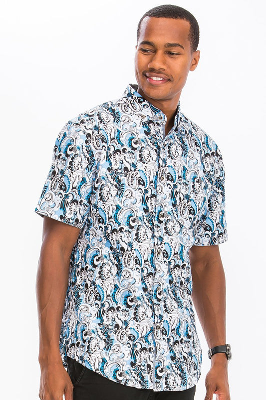 WHITE AND BLUE HAWAIIAN BUTTON DOWN SHIRT | Apparel | Kitchen + Metal