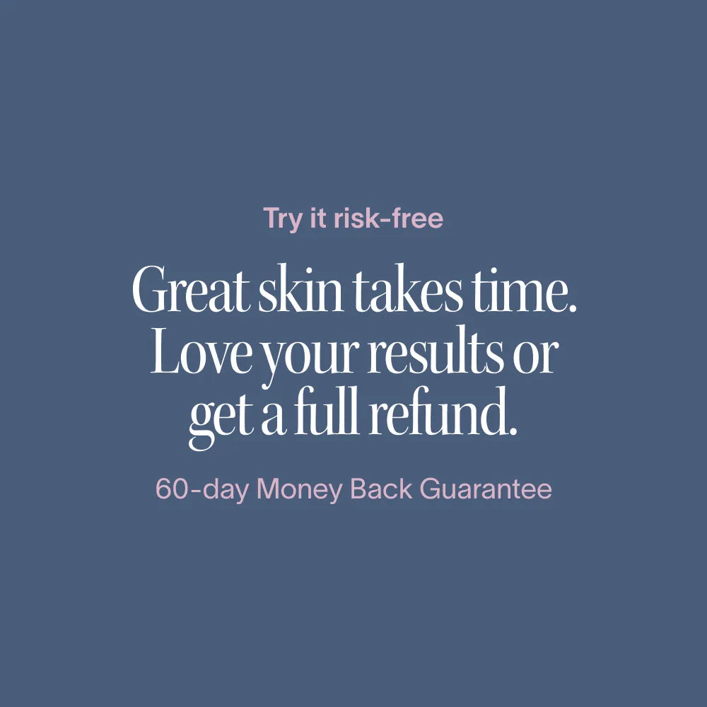 Text on a blue background promoting a 60-day money-back guarantee for skincare.