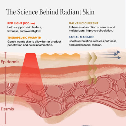 Diagram of skin layers with text explaining the science behind radiant skin.