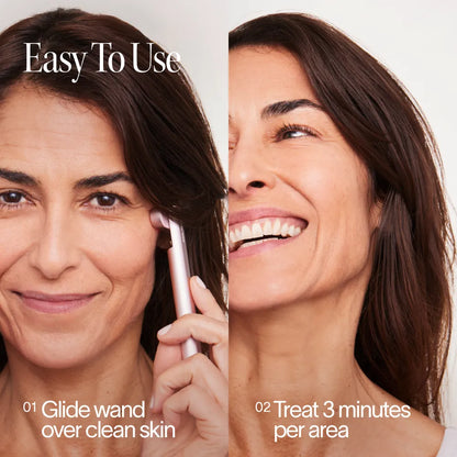 Woman using a skincare device with text on how to use it.