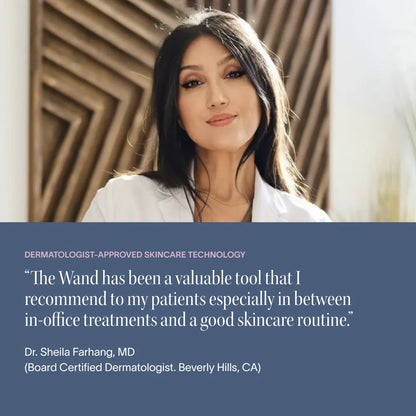 Woman in a white coat with a dermatologist quote about skincare technology on a blue background