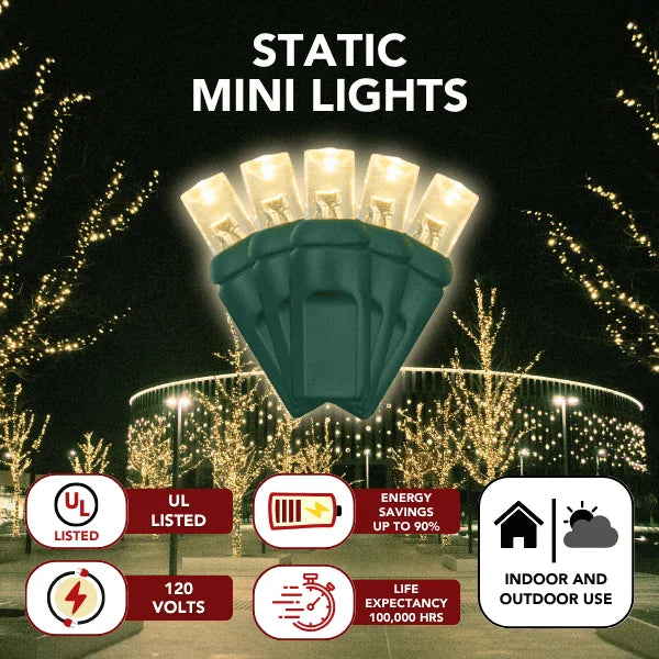 LED Mini Lights 5MM Warm White Static Green Wire - 6" Spacing
