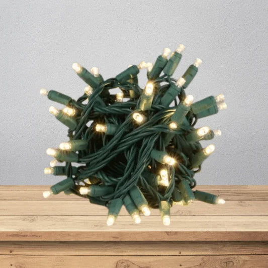 LED Mini Lights 5MM Warm White Static Green Wire - 6" Spacing, Lamp Lock