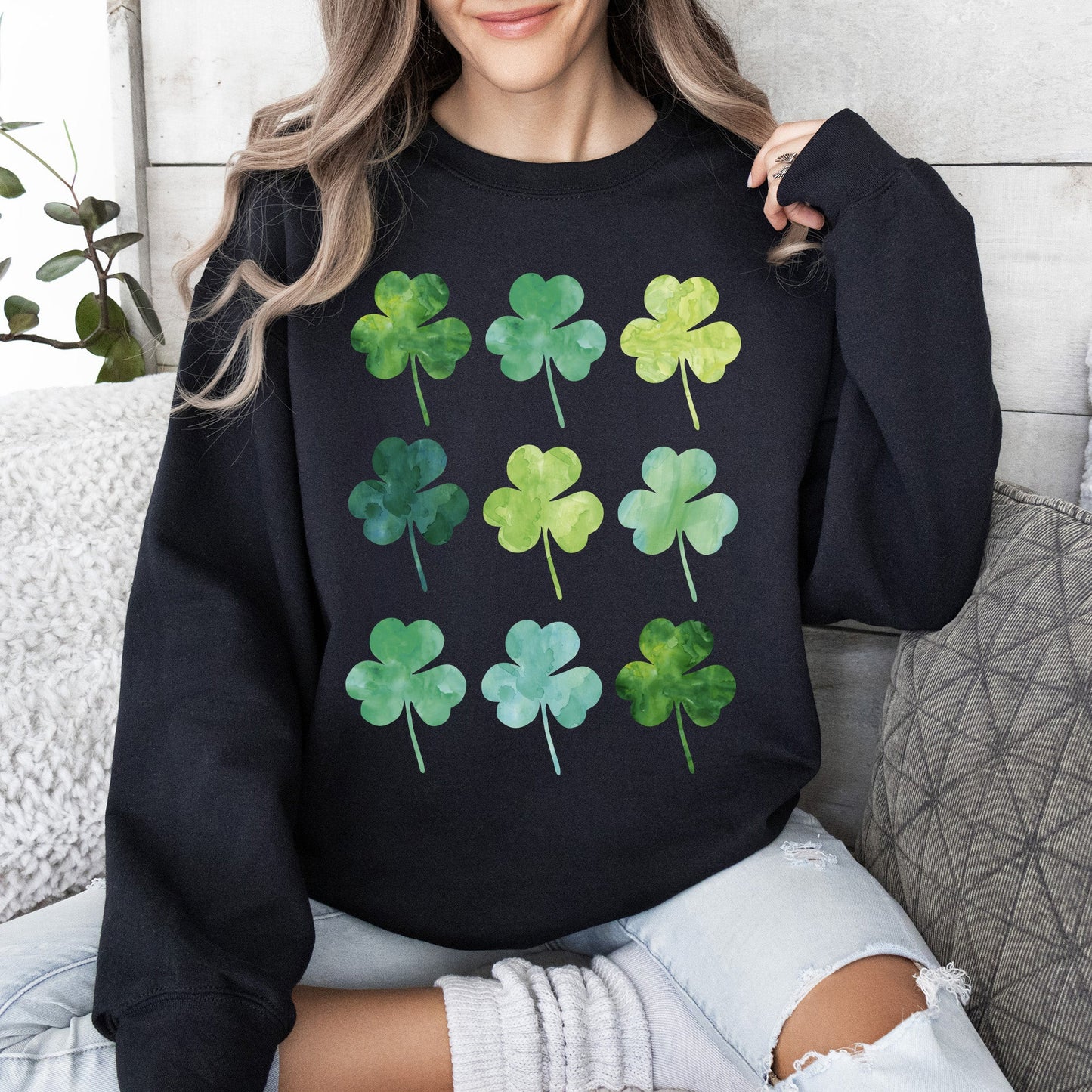 Watercolor Shamrocks In Rows, St Patrick's Day Sweatshirt
