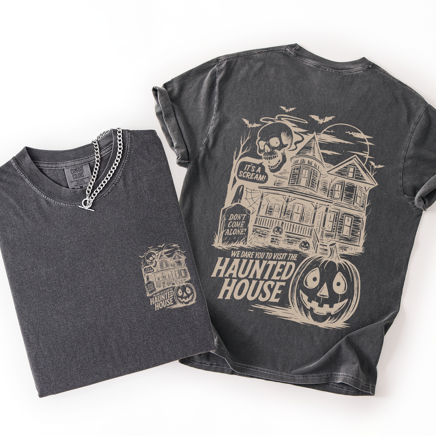 We Dare You To Visit The Haunted House, Spooky, Halloween, Pumpkin, Comfort Colors T-Shirt
