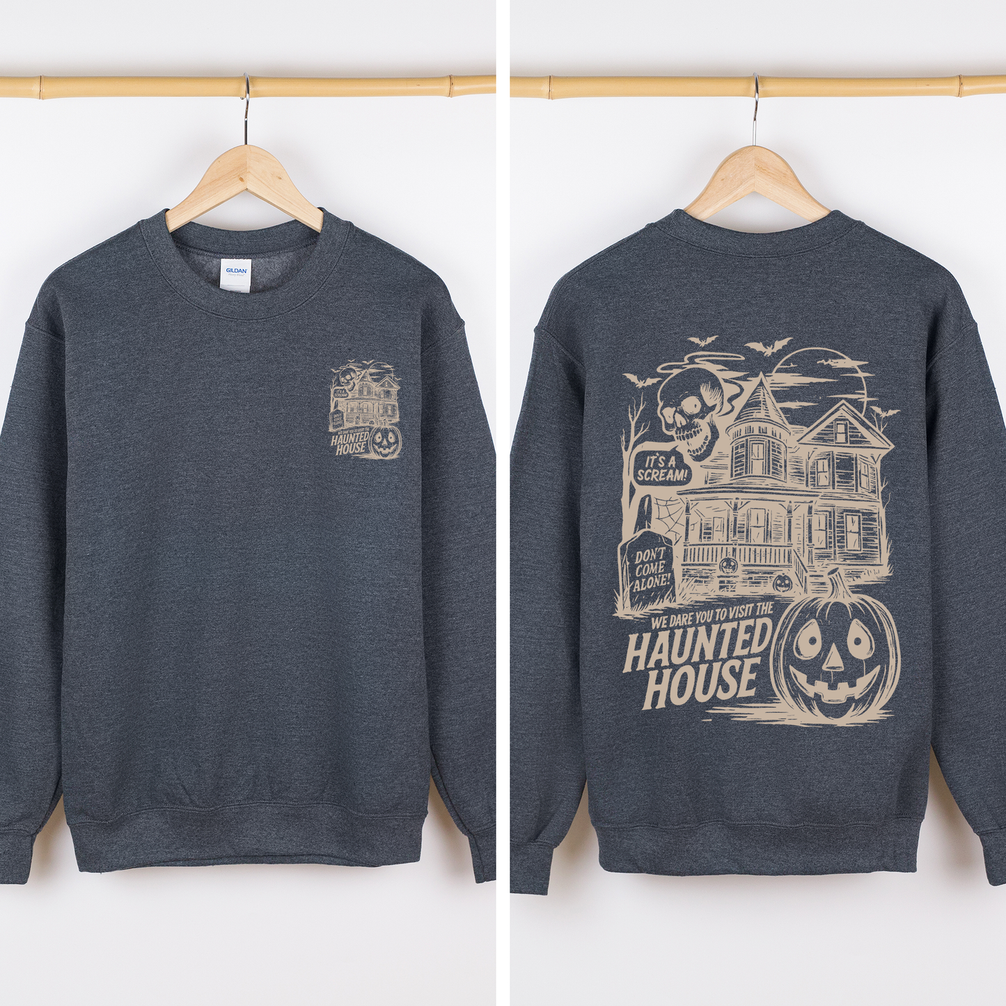 We Dare You To Visit The Haunted House, Spooky, Halloween, Pumpkin Sweatshirt