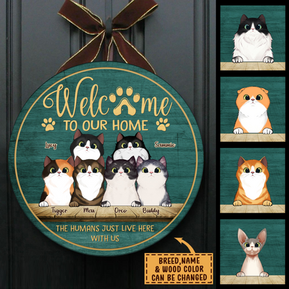 Welcome To Our Home Peeking Cats - Personalized Round Wood Sign - Gift for Cat Lovers, Cat Mom, Cat Dad