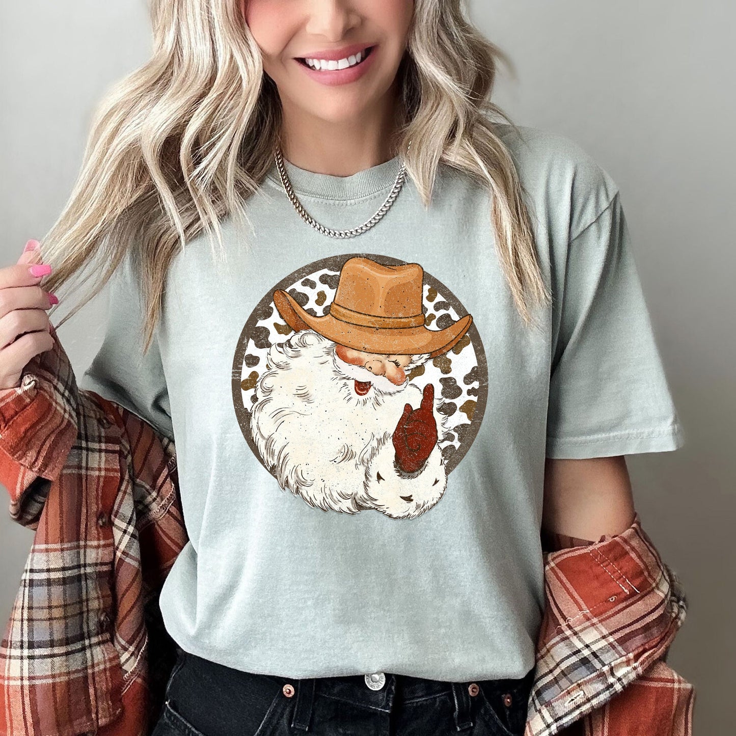 Western Cowboy Santa, Hat, Cow Print, Christmas, Retro, Comfort Colors Tshirt