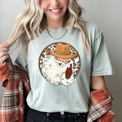 Western Cowboy Santa, Hat, Cow Print, Christmas, Retro, Comfort Colors Tshirt