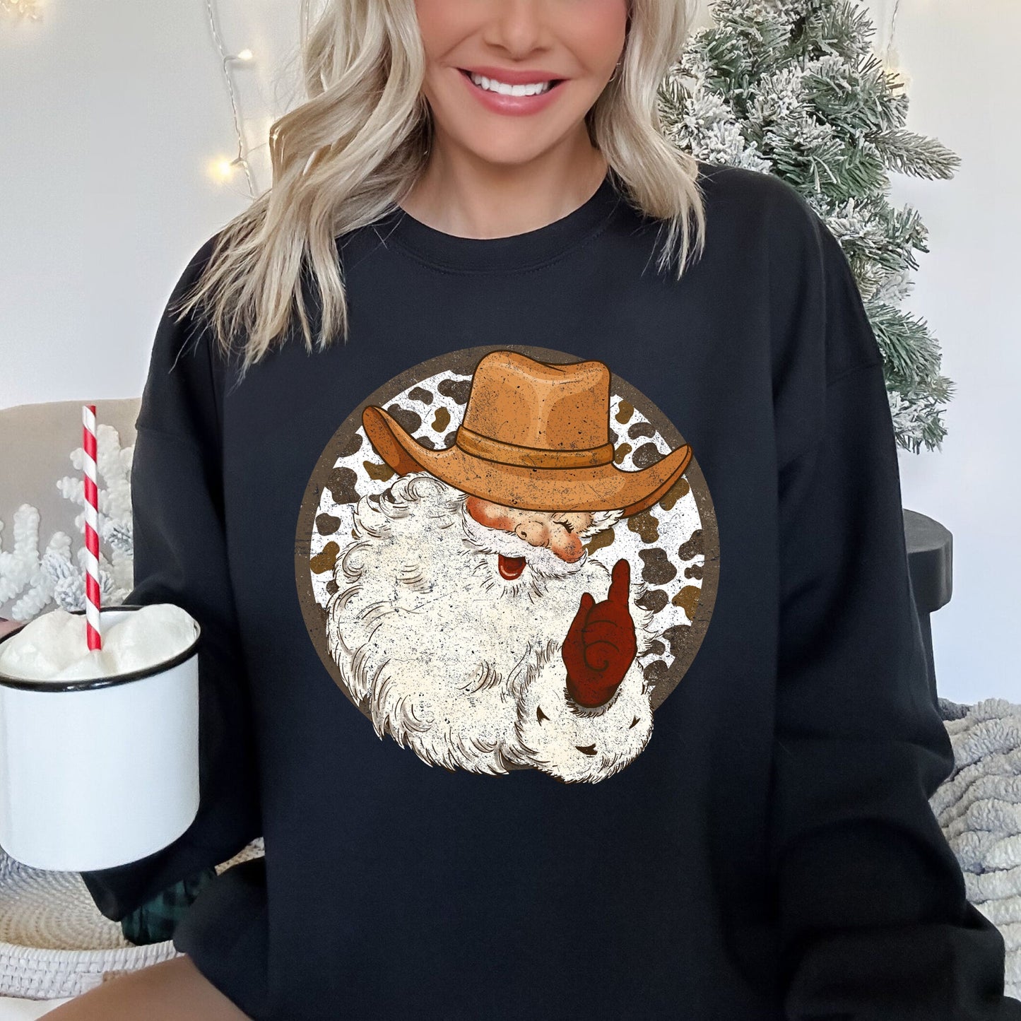 Western Cowboy Santa, Hat, Cow Print, Christmas, Retro Sweatshirt