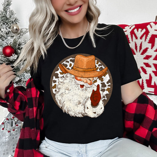 Western Cowboy Santa, Hat, Cow Print, Christmas, Retro Super Soft Tees