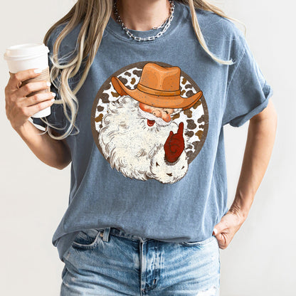Western Cowboy Santa, Hat, Cow Print, Christmas, Retro, Comfort Colors Tshirt