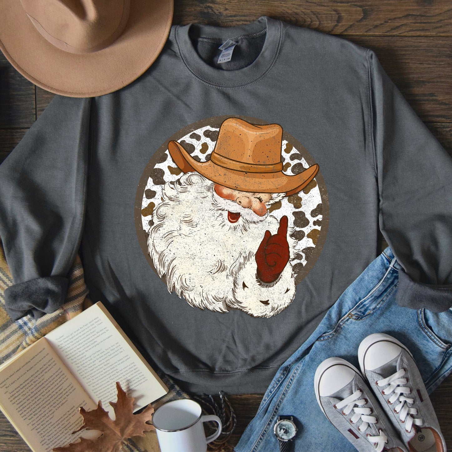 Western Cowboy Santa, Hat, Cow Print, Christmas, Retro Sweatshirt