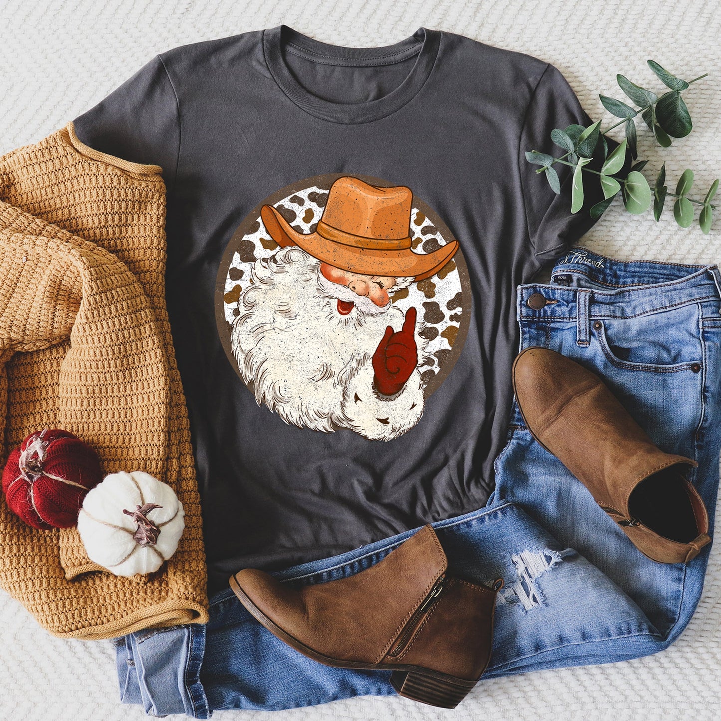 Western Cowboy Santa, Hat, Cow Print, Christmas, Retro Super Soft Tees