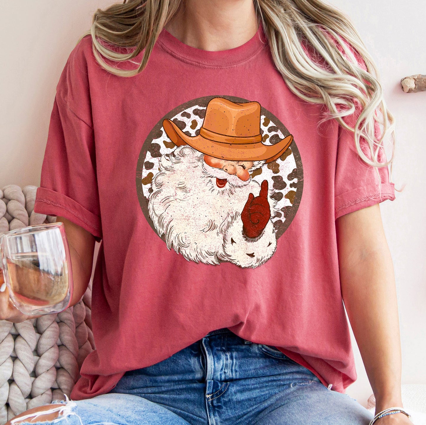 Western Cowboy Santa, Hat, Cow Print, Christmas, Retro, Comfort Colors Tshirt